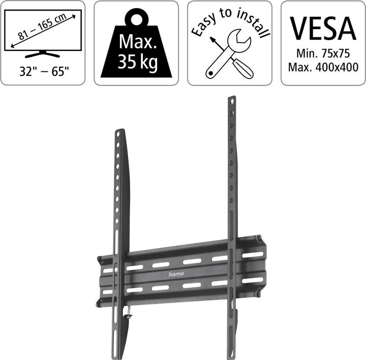 Actual product image Hama TV wall bracket, rigid, 165 cm (65") up to 35 kg, wall distance 2.3 cm (Wall, 65", 35 kg)