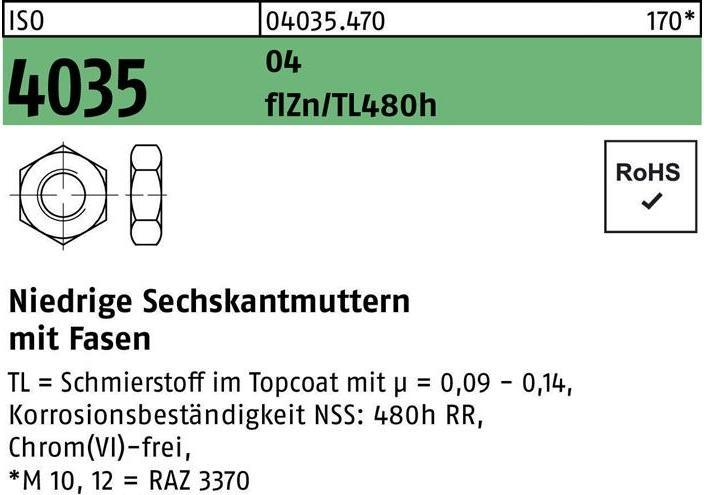 Productafbeelding Zeskantmoer ISO 4035 laag w.afschuining M 24 16 AU verzinkt. Smeermiddel flZnnc 480h-L (M24)
