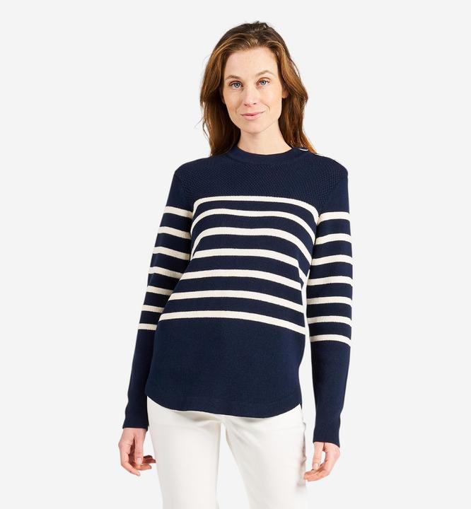 Actual product image Tribord Women's knitted sailing pullover, 100 navy blue with beige stripes (XS)
