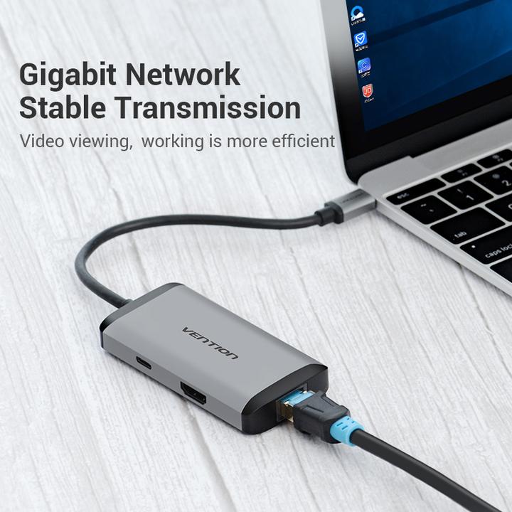 Produktbild Vention USB-C Docking Station to HDMI, 3x USB3.0, RJ45, PD 0.15m CNCHB, gray (USB-C, 4 Ports)