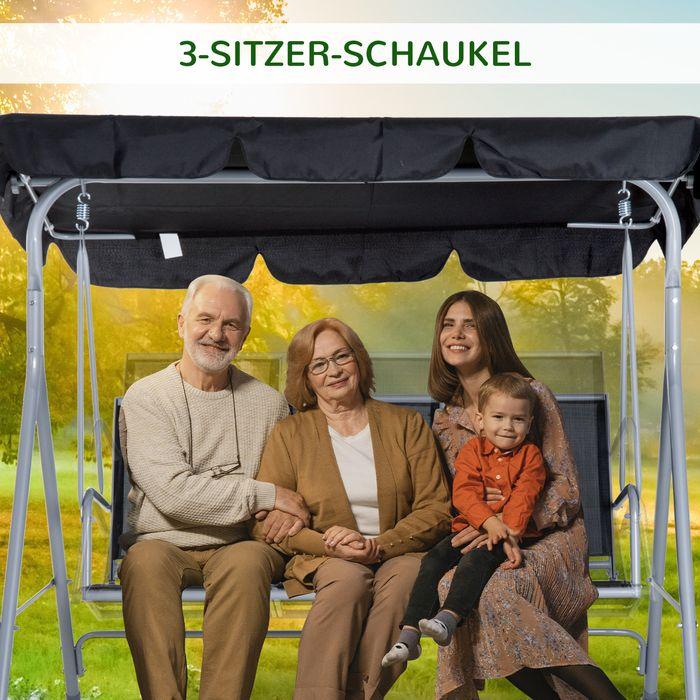 Produktbild Swisshandel24 Hollywoodschaukel 3-Sitzer Gartenschaukel Schaukelbank mit Dach Metall Schwarz+Silber 171 x 108 x 15