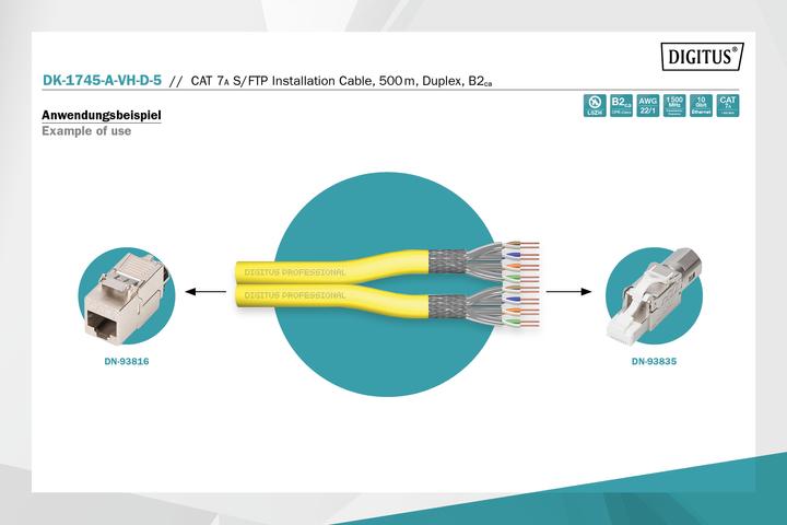 Actual product image Digitus CAT 7A S-FTP installation cable, 1500 MHz B2ca (EN 50575), AWG 22/1, 500 m reel, Dx, Ge (S/FTP, CAT7a, 500 m)