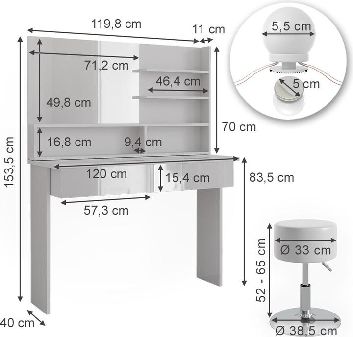 Produktbild Vicco Azur mit Hocker und Beleuchtung (120 x 40 x 83.5 cm)