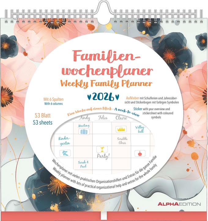 Produktbild Alpha Edition Familien Wochenkalender Flowers 2026 - Familien-Timer - Termin-Planer - Kinder-Kalender - (30.5 x 30.5 cm, Englisch, Deutsch)