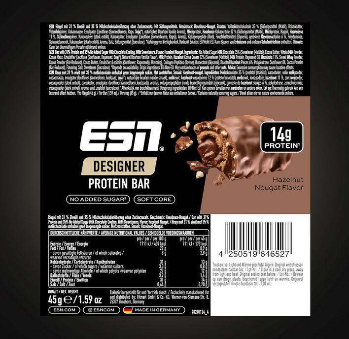 Nährwerte und Zutaten ESN Designer (Haselnuss-Nougat, 1 Stk., 45 g)