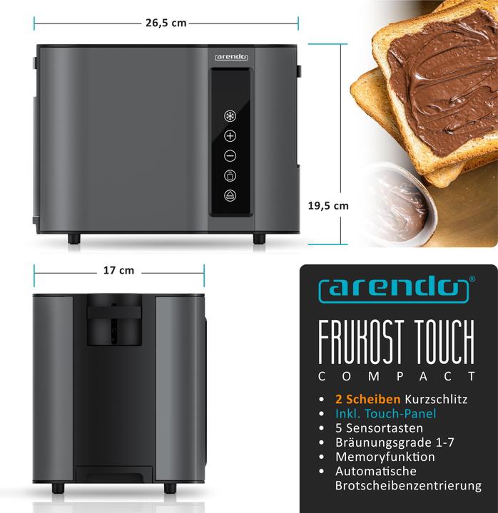 Produktbild Arendo Toaster Edelstahl 2 Scheiben Kurzschlitz, Display mit Restzeitanzeige, Touchpanel, Brötchenaufsatz