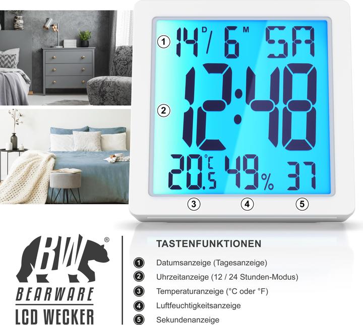 Produktbild Bearware Wecker digital für zuhause & unterwegs, Licht, Temperatur Luftfeuchtigkeit, Datum, Schlummerfunktion