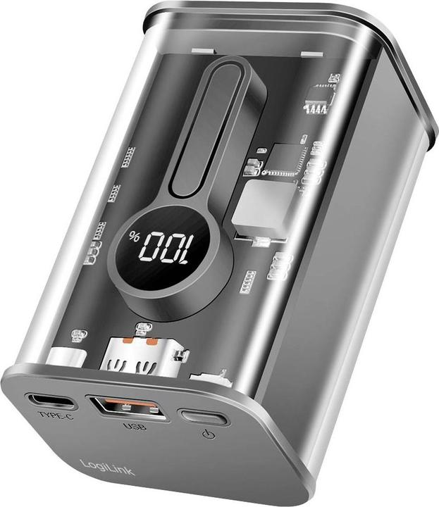 Produktbild LogiLink Powerbank 10000 mAh, 1x USB-A, 1x USB-C, mit Display, PD & QC, transp. (10000 mAh, 20 W, 37 Wh)