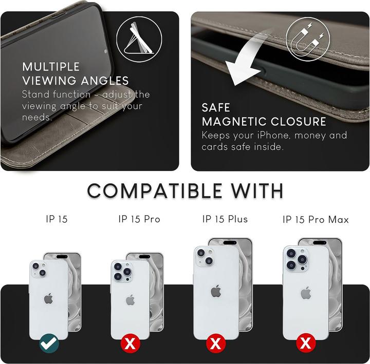 Produktbild Nalia Echt Leder Flip Case Hülle mit Magnetverschluss (Apple iPhone 15)