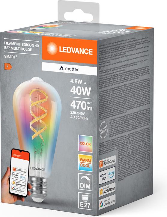 Actual product image Ledvance SMART+ MATTER FILAMENT EDISON MULTICOLOR 4.8W 827...865 Multicolour E27 (E27, 4.80 W, 470 lm, 1 x, F)