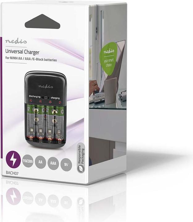 Actual product image Nedis NiMH Battery Charger AA/AAA 1.2 VDC / 9 VDC 0.2 A Trickle Charging Type C (CEE 7/16) Safety Fu (1 pcs., AAA, AA, Rechargeable battery)