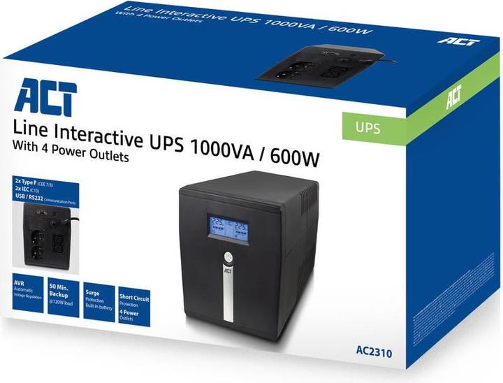 Produktbild UPS, 1000VA, 2x IEC C13, 2x type F female, 1x USB, 1x RS232 (1000 VA, 600 W, Line-Interaktiv USV)