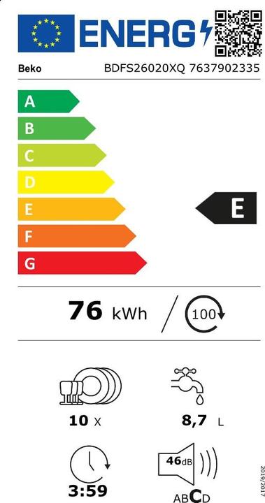 Energie-Label Beko BDFS26020XQ Geschirrspülerfreie Installation 10 Gedecke