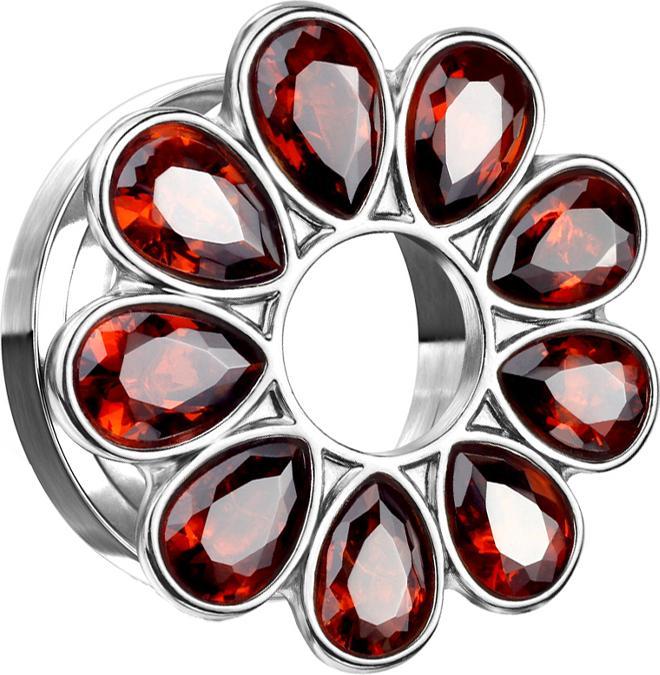 Star Piercing Flesh Tunnel silber Kristallbume rot (ohne Messing, Chirurgenstahl 316L)