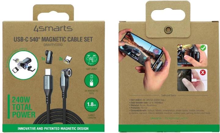 Immagine prodotto 4smarts USB-C 540° Magnetkabel-Set GravityCord (1.80 m, USB 2.0, 240 W)