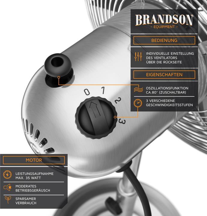 Image du produit Brandson Ventilateur sur pied 34cm Ø, oscillation 80°, inclinable 30°, 35W, ventilateur sur pied, argenté (54 dB)