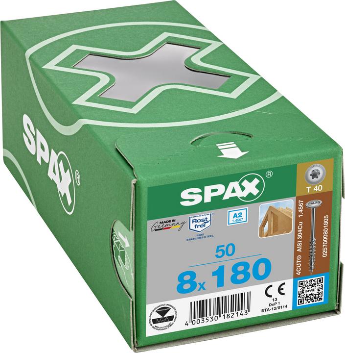 Image du produit Spax Vis à tête plate R 88193 avec pointe/T-STAR TG 8 x 180/80-T40 A 2 (50 Vis par pièce)