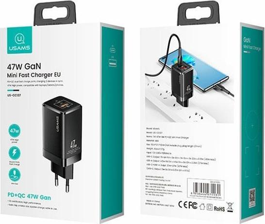Produktbild Usams Ład. siec. T41 USB-C+USB GaN 47W PD+QC (only head) Fast Charging biały/white CC137TC02 (US-CC1 (47 W)