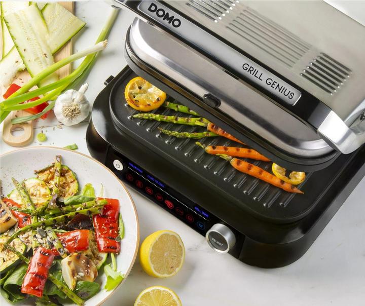 Actual product image Domo Genius Electric Contact Grill Non-stick Coating, with Display Stainless Steel, Black (EU plug)