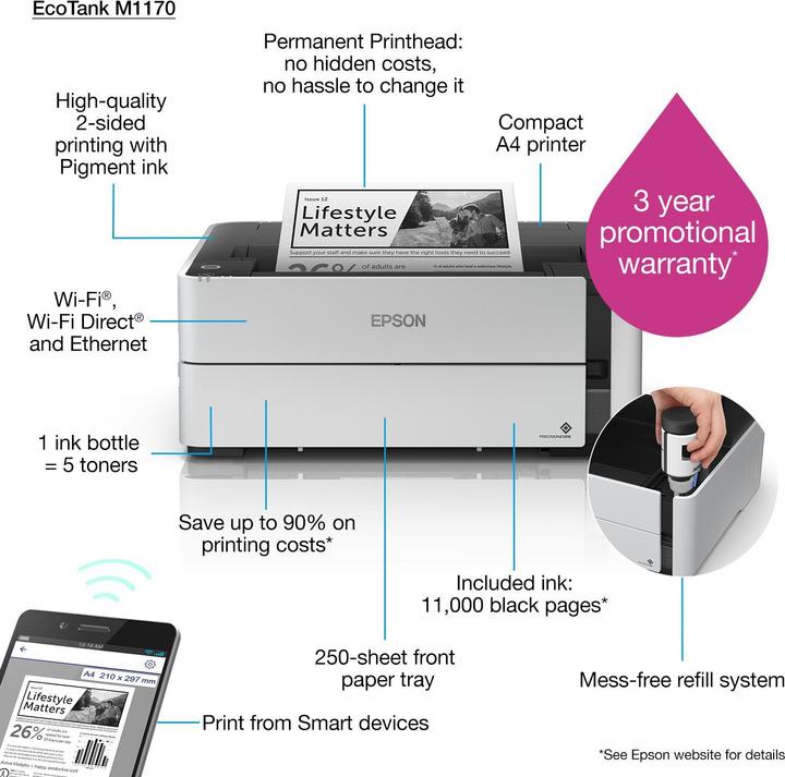 Actual product image Epson EcoTank M1170 - 1200 x 2400 DPI - 1 - A4 - 39 pages per minute - dual print - (Ink tank, Black and white)