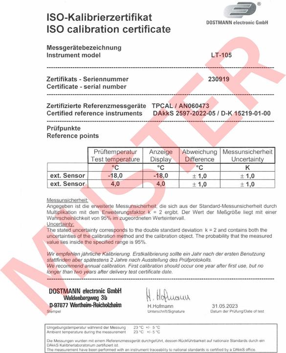 Voedingswaarden en ingrediënten TFA 31.1049.02.K Professionele digitale thermometer LT-105 Laboratoriumthermometer IJkcertificaat (Thermometer)