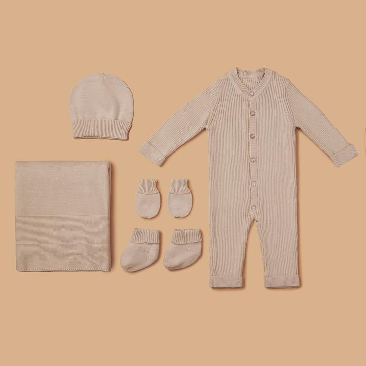 Actual product image Zero.99 Newborn Set 5 pcs. - Blanket, Buttoned Sleepsuit, Scratch Mitts, Booties, Hat, Warm Beige (50, 56, 62, 68)