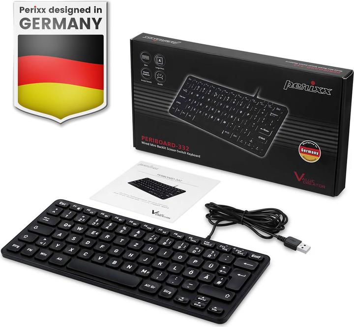 Produktbild Perixx PERIBOARD-332B DE, Mini-Tastatur, USB kabelgebunden, Hintergrundbeleuchtung, schwarz (DE, Kabelgebunden)