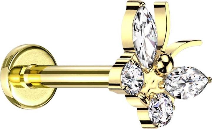 Star Piercing Micro Labret Innengewinde vergoldet Schmetterling vergoldet Kristalle silber (ohne Messing, Titan G23)