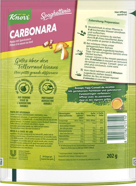 Image du produit Knorr Spaghetteria Carbonara Pasta, sachet pâtes à la crème, au lard & à l'huile d'olive extra vierge (212 g)