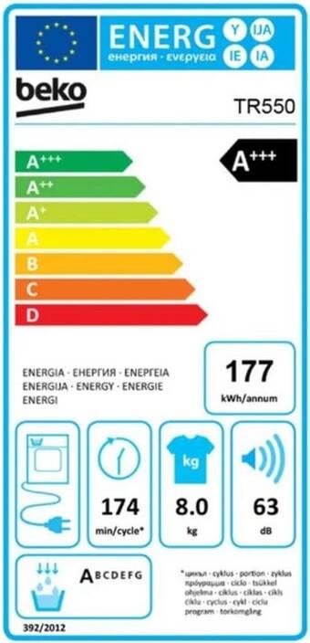 Label énergétique Beko Sèche-linge TR550 Droite/Interchangeable (8 kg, Modifiable, Droite)
