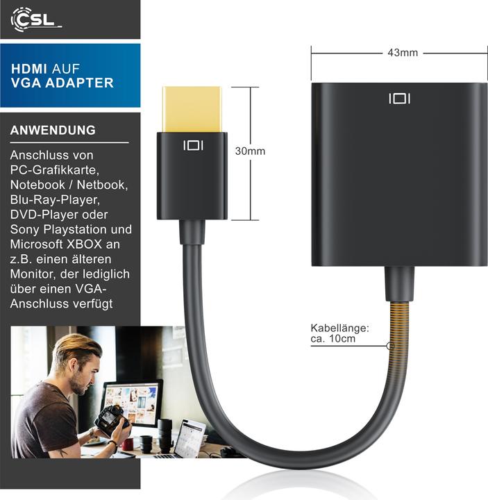 Actual product image CSL HDMI to VGA, 3.5mm jack audio & video adapter, 10 cm, 1080p converter cable, digital to analogue (VGA, 20 cm)