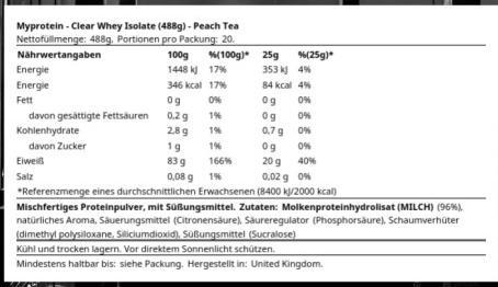 Nutritional values and ingredients MyProtein Clear Whey Isolate (Peach tea, 1 pcs., 488 g)