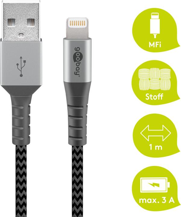 Produktbild Goobay Lightning auf USB-A Textilkabel mit Metallsteckern (space grau/silber) 1 m, 1 m, Schwarz-Grau (1 m, USB 2.0)