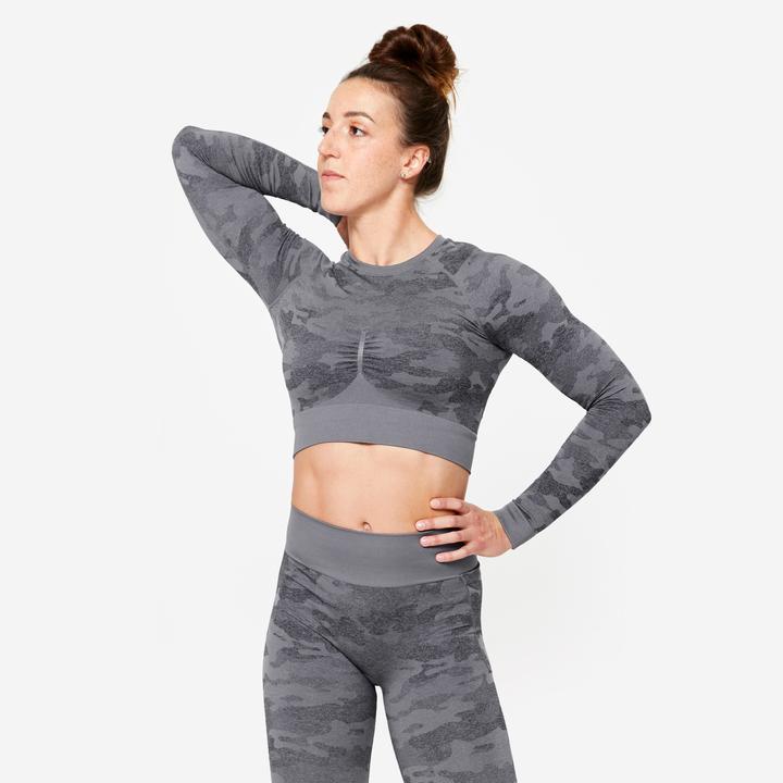 Domyos Langarmshirt Crop Top Damen - grau (M)