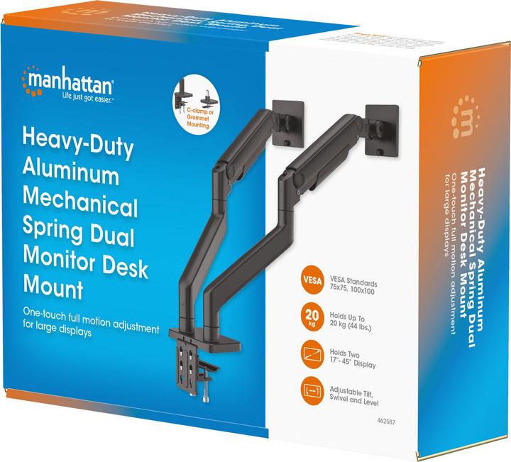 Produktbild Manhattan Tischhalterung mit mechanischer Feder und besonders hoher Traglast für zwei Monitore, Aluminium (Tisch, 45")