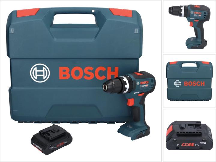 1x trapano a percussione a batteria Bosch GSB 18V-55 Professional, 1x batteria ricaricabile Bosch GBA 18 V 4.0 Ah ProCORE, 1x valigetta, senza caricabatterie
