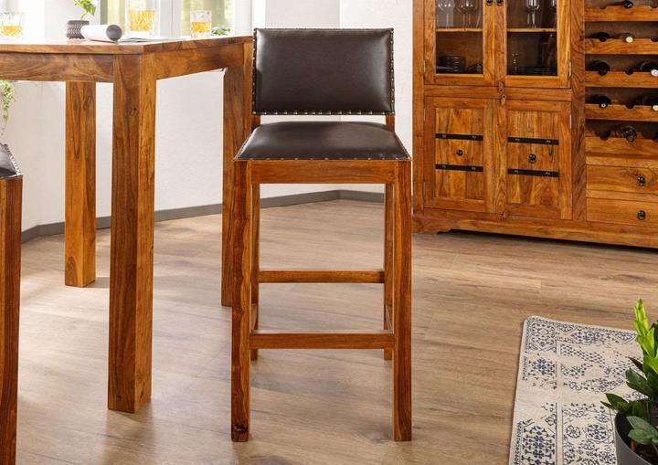 Produktbild Floki24 Barhocker im Kolonialstil, Akazie & Echtleder 46x46x109 lackiert- hellbraun