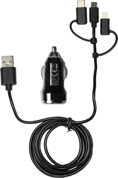Benson 3in1 car charger with USB-C, Micro-USB & Lightning ports, black