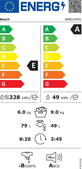 Label énergétique Bosch Hausgeräte Bosch Série 6, Lave-linge séchant, 9/6 kg, 1400 rpm, WNG24491