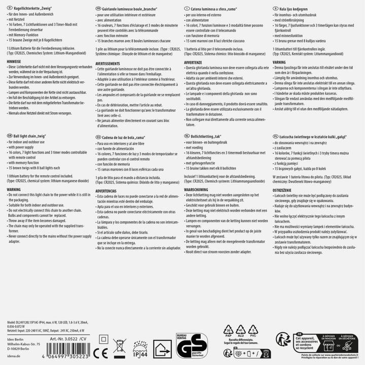 Produktbild Idena LED-Kugel-Lichterkette braune Zweige Fernbedienung Memory warmweiss/RGB 7m 120 LED Innen/Aussen (7 m)