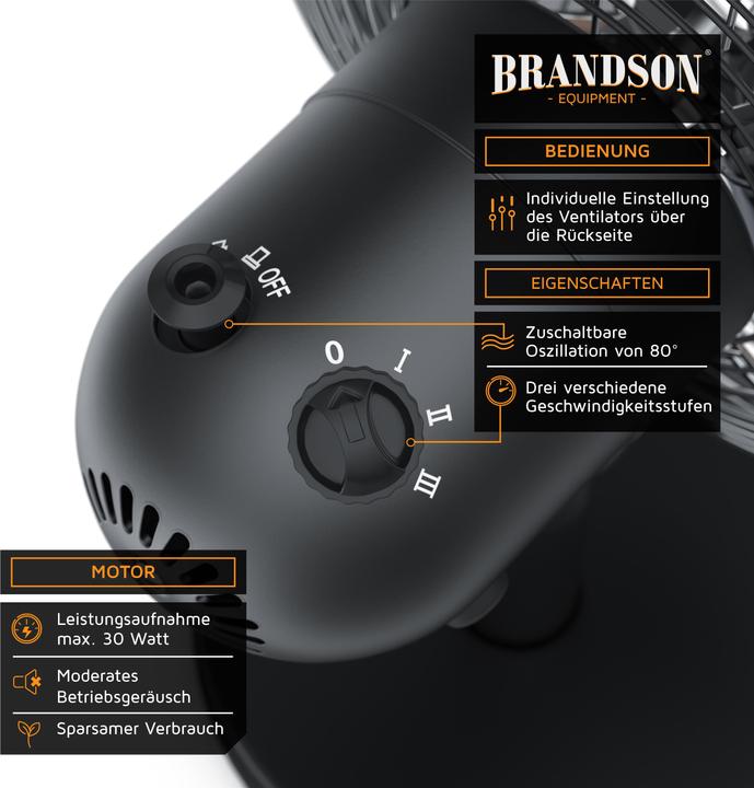 Produktbild Brandson Tischventilator, Retro Design, Oszillation, Neigungswinkel ca. 40°, Metallgehäuse, 30W, schwarz (50 dB)
