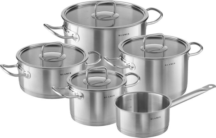 Actual product image KLAMER Topf-Set 5-tlig. mit Glasdeckel, Induktion, unbeschichtetes Edelstahl Profi-Kochtopfset (23.50 cm, Pan set + pot set, Stainless steel)