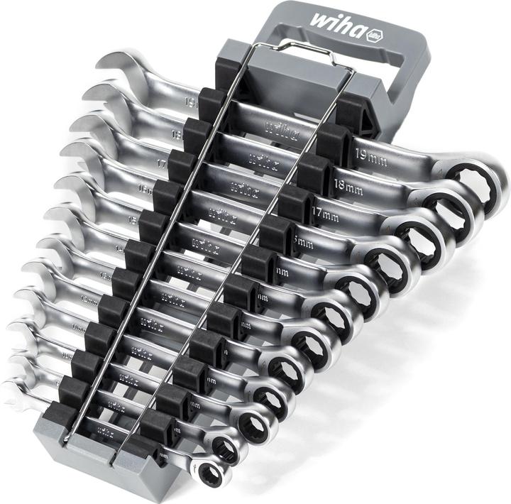 Produktbild Wiha Ringratschen-Gabelschlüssel Set 12-tlg. inkl. Halter I Ring Ratschenschlüssel Set 8-19 mm (19 mm, 12 mm, 14 mm, 16 mm, 10 mm, 18 mm, 17 mm, 11 mm, 15 mm, 8 mm, 9 mm, 13 mm)