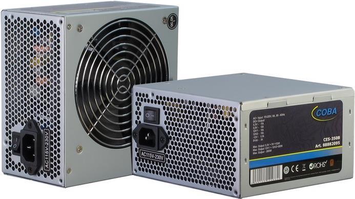 Actual product image Intertech Coba CES-350W 82+ ATX power supply 350W fan 120mm 1x PCI E 6+2 pin 3xS ATA 1x EPS 8 pin 1x FD... (350 W)