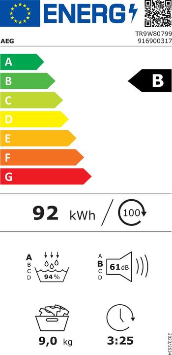 Energie-Label AEG TR9W80799 (9 kg, Rechts, EU-Stecker)