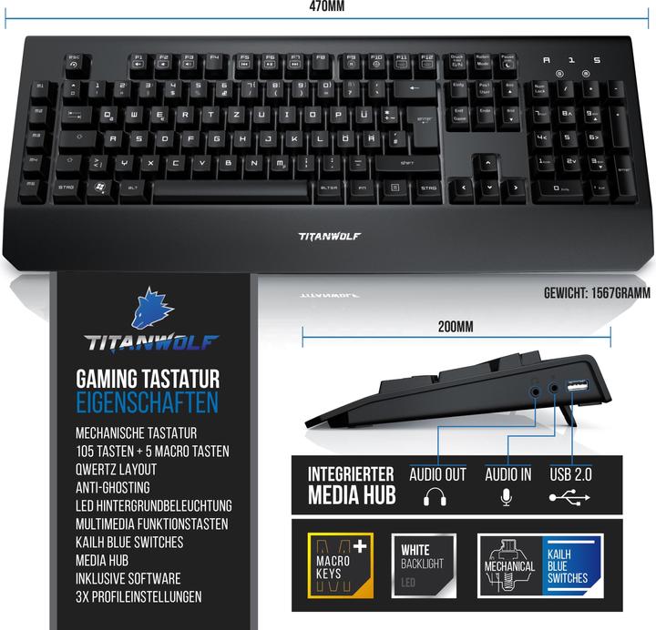 Produktbild Titanwolf Gaming Tastatur "Enforcer" mechanisch, LED Beleuchtung / QWERTZ / Keyboard mit Kailh Blue Switches (DE, Kabelgebunden)