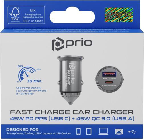 Image du produit prio Chargeur de voiture Fast Charge 45W PD (USB C) + 45W (USB A) noir
