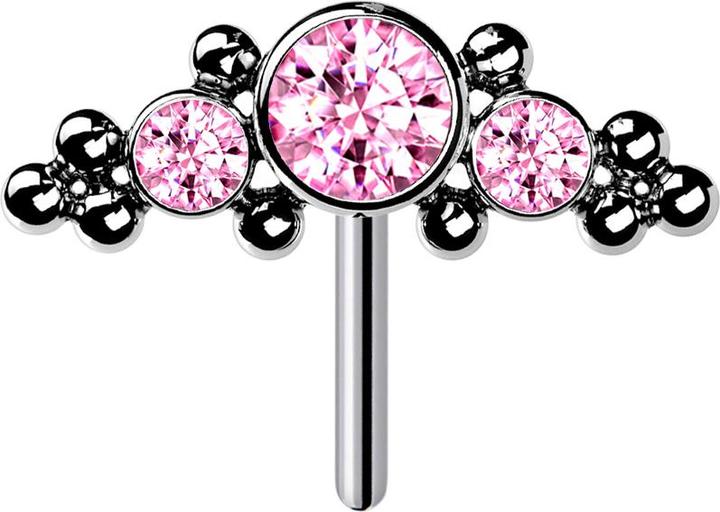 Star Piercing Threadless silber front mittig mit Kugeln und drei Kristalle pink (Titan G23, ohne Messing)