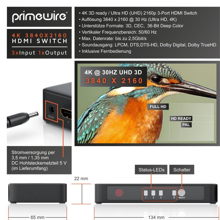 Immagine prodotto Primewire Switch HDMI 2.0 a 3 porte