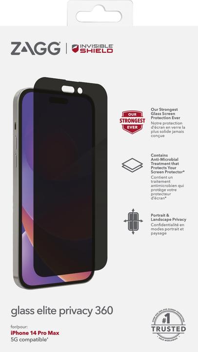 Immagine prodotto Zagg InvisibleShield Glass Elite Privacy 360, 17 cm (6.7 Zoll), Smartphone, Rahmenloser Blickschutzfilter (1 Pezzo/i, Apple iPhone 14 Pro Max)